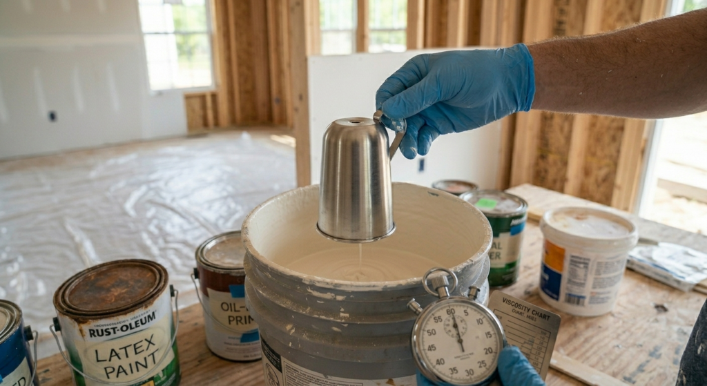 Using a Zahn viscosity cup to measure latex paint thickness before thinning