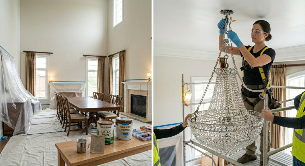 Professional installation of heavy crystal chandeliers for Christmas dining room – safety tips and ceiling support guidance