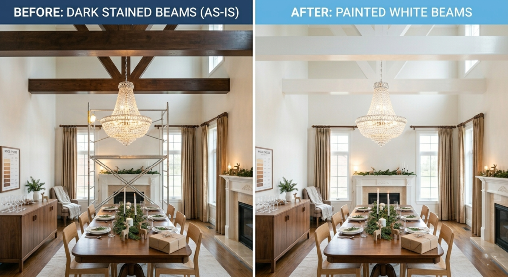 Before and after painted ceiling beams – dark wood vs. Scandinavian white for Christmas ceiling paint ideas