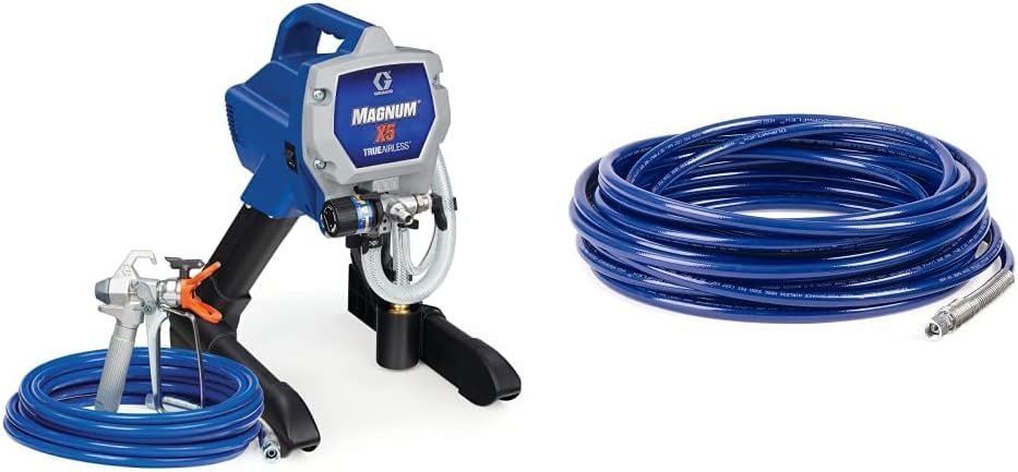 Graco Magnum X5 setup with pressure gauge and spray gun