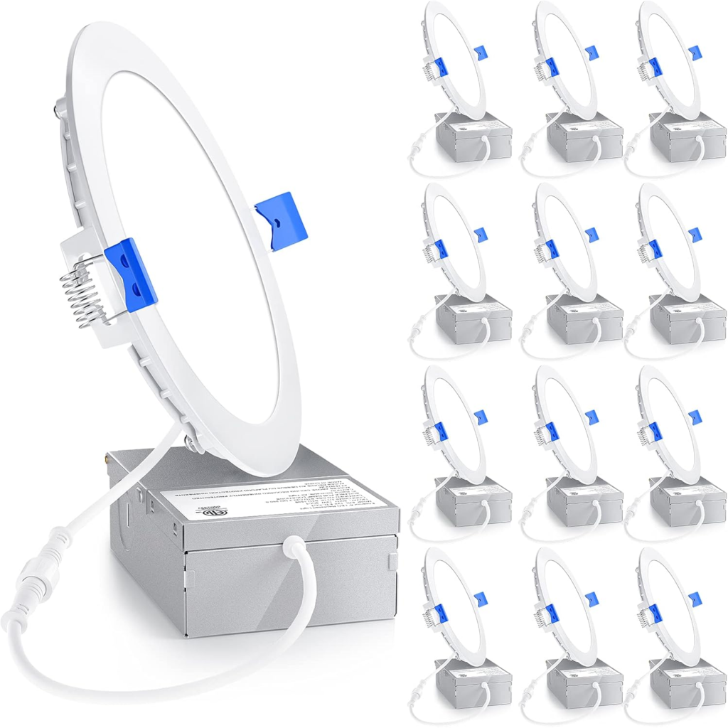 Ensenior ultra-thin canless LED recessed lights installed in finished basement ceiling with even lighting