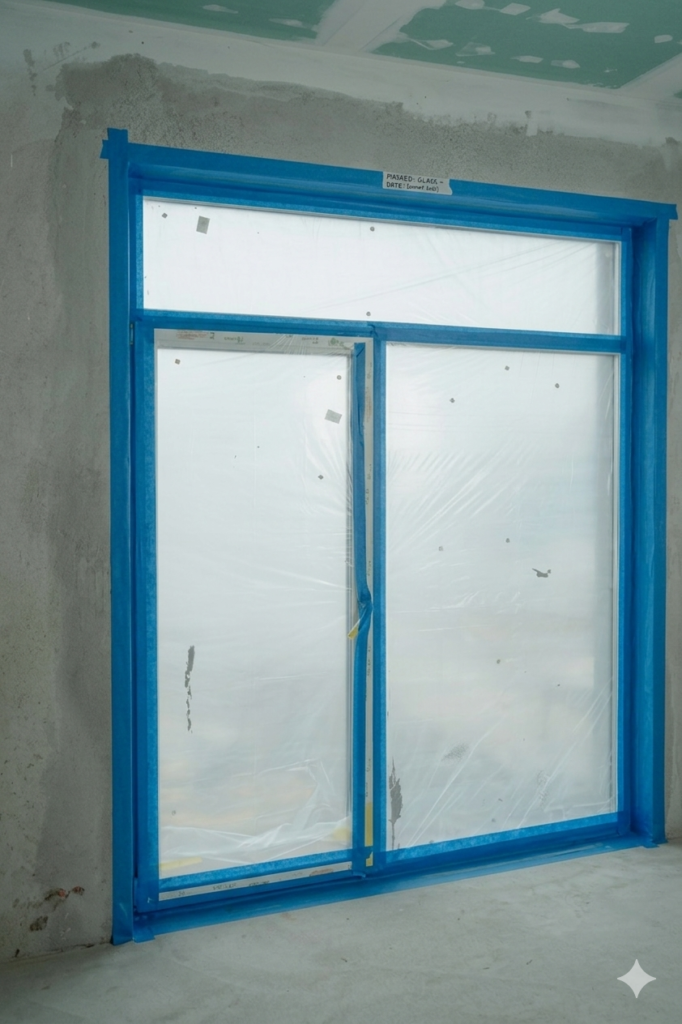 Properly masked window with tape and plastic sheeting