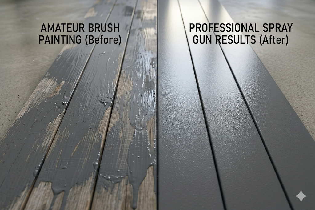 Before and after split image showing amateur brush painted fence vs professional spray gun results