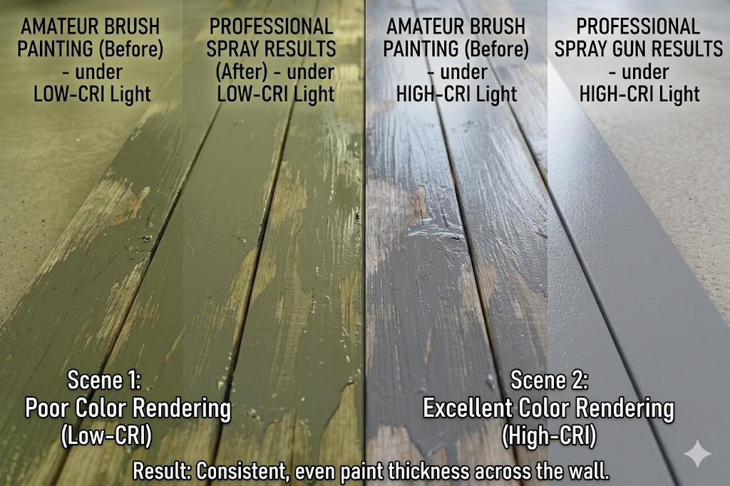 Side-by-side comparison of wall paint color accuracy under low CRI vs high CRI LED lighting