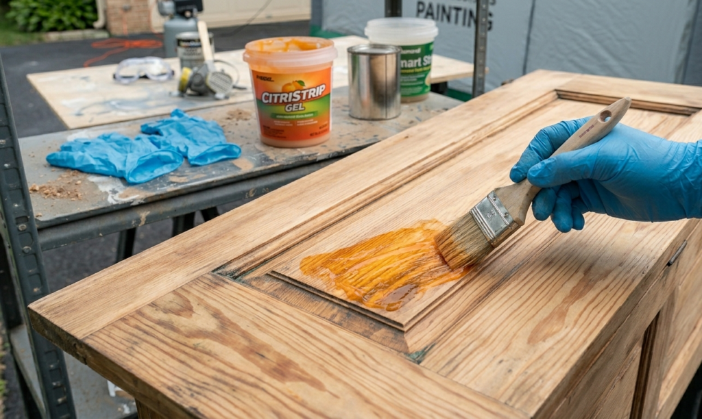 A hand in a nitrile glove applying orange Citristrip gel to a stripped pine cabinet with a brush