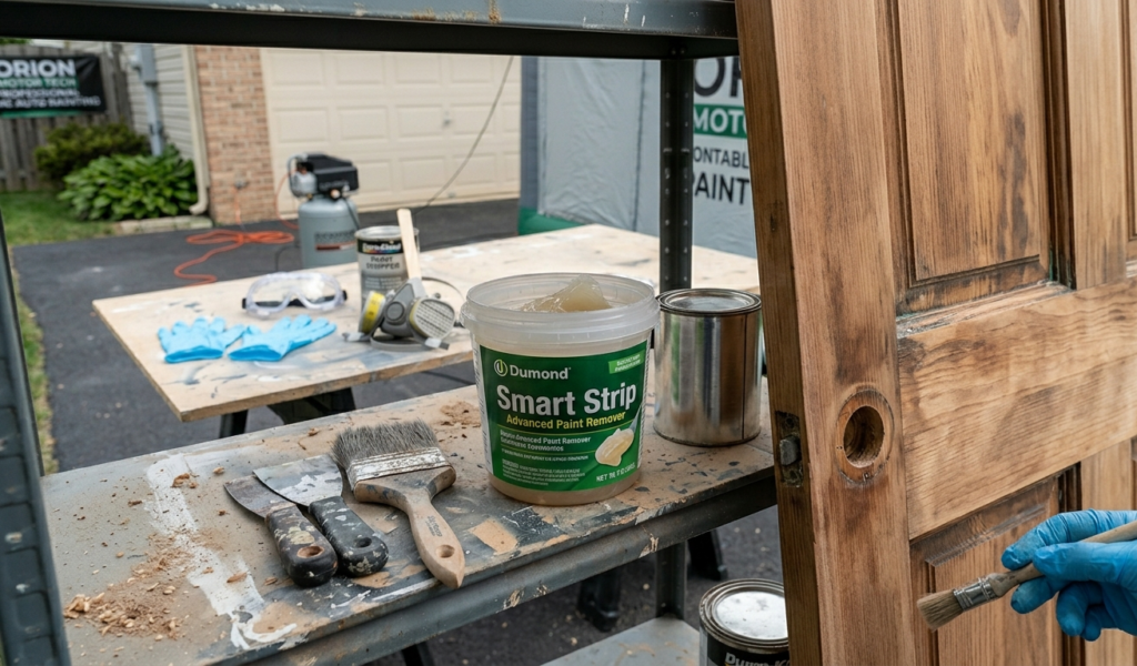 A tub of Dumond Smart Strip Advanced Paint Remover on a workshop shelf beside a stripped wooden door