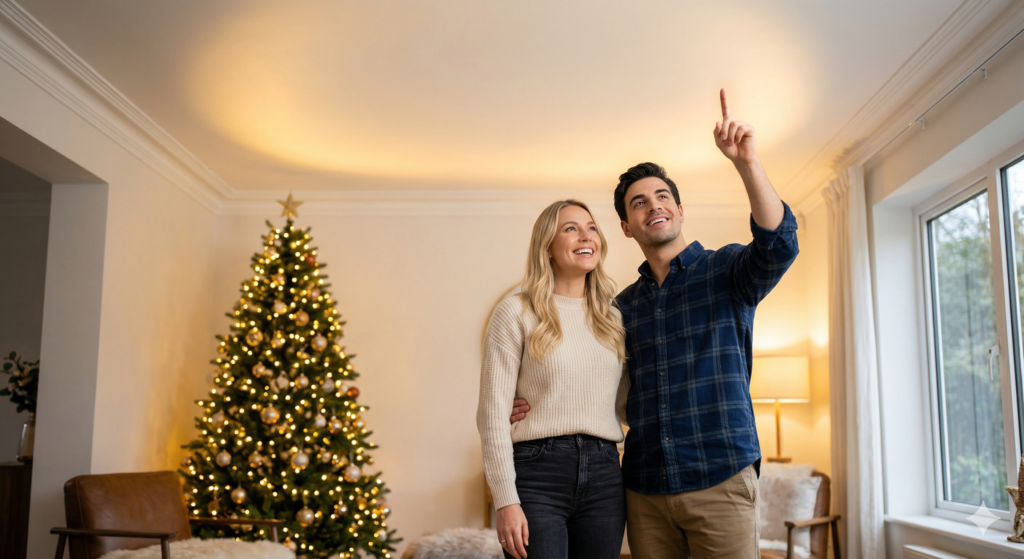 Cinematic, ultra-high-resolution lifestyle photograph of a spectacularly beautiful, radiant blonde woman and her handsome partner standing together in their high-end, newly renovated living room. The room is cozy and festive. The man is proudly pointing upward at the ceiling, showing her how incredible the finish looks. The ceiling is a pristine, snow-white flat surface with elegant crown molding, perfectly reflecting the warm, golden glow from a decorated Christmas tree in the corner. The lighting creates a soft 'halo' effect across the ceiling, catching the warm yellow frequencies of festive LEDs. Both characters are looking up with joyful, satisfied expressions, celebrating their successful DIY project. The setting is clean, luxurious, and perfectly styled for the holidays. Shallow depth of field with a soft bokeh effect on the twinkling Christmas tree in the background. Natural evening light mixed with warm interior lamps. 8K resolution, editorial home decor magazine style, hyper-realistic textures, vibrant and inviting atmosphere.